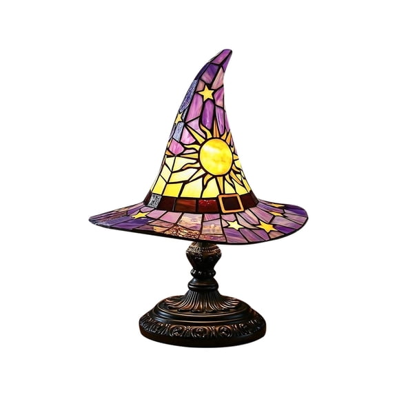 Stained Glass Witch Hat Lamp, Gothic Witch Hat Lamp Stained Glass Home Decor, Vintage Halloween Lamp decor, Wizard Hats Night Light, Halloween Decorations for Bedroom & Bookshelf