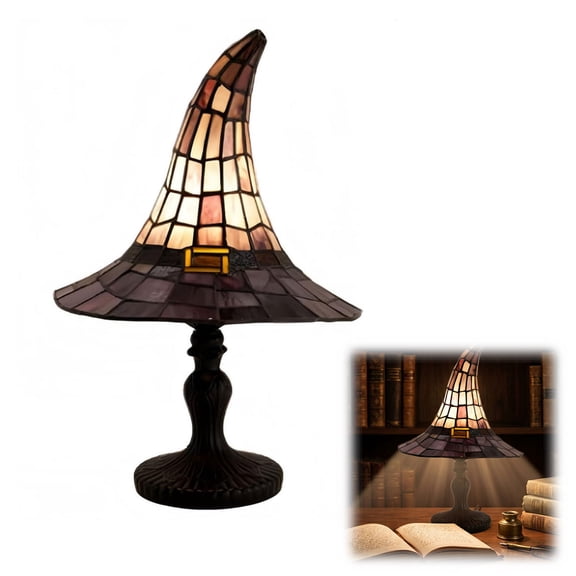 Stained Glass Witch Hat Lamp – Handcrafted Retro Resin Gothic Lamp, USB Powered Halloween Night Light for Bedroom Bookshelf