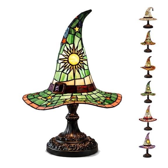 Stained Glass Witch Hat Lamp - Handcrafted Retro Resin Witch Lamp, USB Powered Gothic Wizard Hats Night Light for Halloween Home Decorative