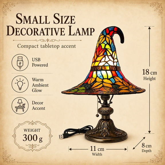 Stained Glass Witch Hat Lamp, Handcrafted Retro Resin Wizard Hat Table Lamp with Warm Glow, USB Powered Gothic Witch Decor Night Light for Bedroom, Bookshelf & Halloween Party, 7.1*4.3"