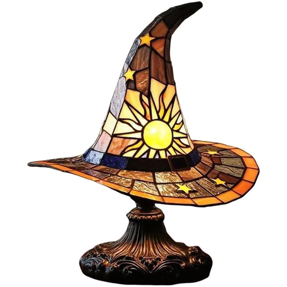 Stained Glass Witch Hat Lamp, Handmade Gothic Retro Table Light, USB LED Glowing Night Light