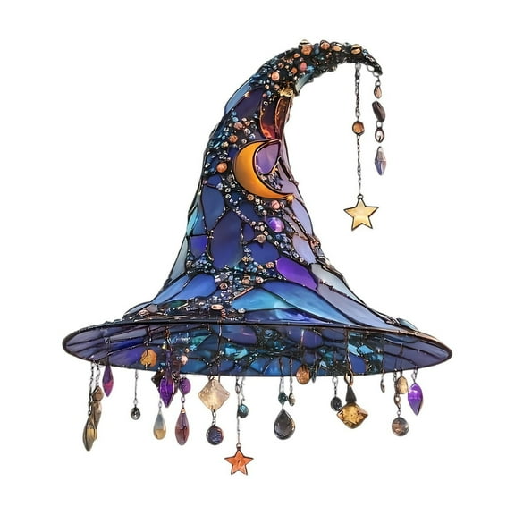 Stained 2D Acrylic Witch Hat with Hanging Ornaments, Mystical Moon and Star Design, Unique Halloween Home Decor Accent Light Halloween Decorations