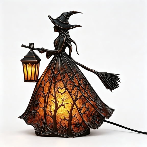 Stained Glass Witch Hat Lamp Style Resin Night Light, Handcrafted Gothic LED Desk Lamp for Halloween Decor, Tabletop