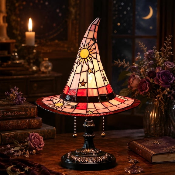 Stained Glass Witch Hat Lamp Style Resin Night Light, USB Powered Gothic Wizard Hat Table Lamp with Sun and Star Details for Bedroom, Shelf and Halloween Decor (Blush, 7.08in)