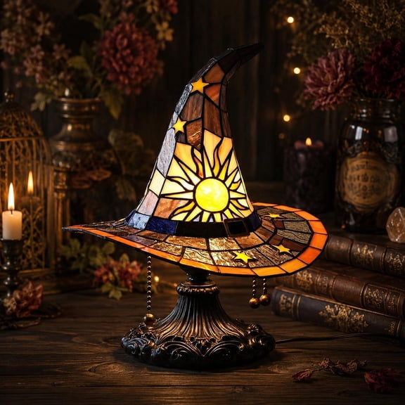 Stained Glass Witch Hat Lamp Style Resin Night Light, USB Powered Gothic Wizard Hat Table Lamp with Sun and Star Details for Bedroom, Shelf and Halloween Decor (Purple, 11.81in)