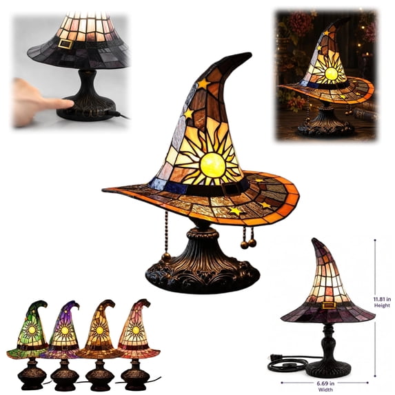 Stained Glass Witch Hat Lamp, Tiffany Style USB LED Night Light for Halloween Party & Witchy Home Decor,Amber,11.81 in