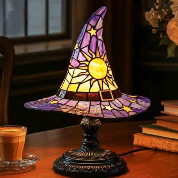 Stained Glass Witch Hat Lamp, USB Powered Gothic Night Light, 30cm/18cm Halloween Decorative Table Lamp for Bedroom, Living Room, Witchy Room Decor