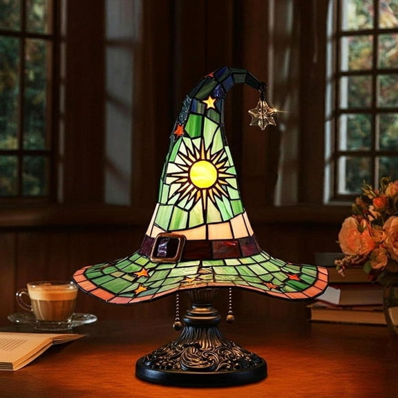 Stained Glass Witch Hat Lamp, USB Powered Gothic Night Light, 30cm/18cm Halloween Decorative Table Lamp for Bedroom, Living Room, Witchy Room Decor