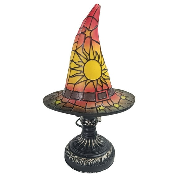 Stained Glass Witch Hat Lamps, Gothic Table Lamp, Witchy Lamp, Handmade Wizard Hat Shape Gothic lamp, Unique Nightstand Night Light, for Halloween Decor (Red)