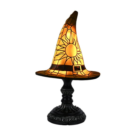 Stained Glass Witch Hat Lamps, Gothic Table Lamp, Witchy Lamp, Handmade Wizard Hat Shape Gothic lamp, Unique Nightstand Night Light, for Halloween Decor (Yellow)
