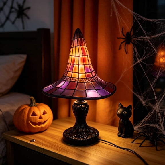Stained Glass Witch Hat Table Lamp, 12" USB Powered Gothic Halloween Decor, Bronze Base with Sun Design