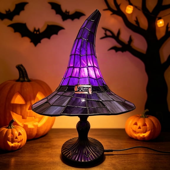 Stained Glass Witch Hat Table Lamp - Handcrafted Retro Resin Witch Lamp, USB Powered Gothic Wizard Hats Night Light, Halloween Home Decor Accent Lamps for Bedroom & Bookshelf (Purple)