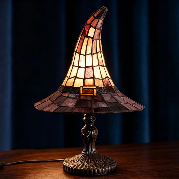 Stained Glass Witch Hat Table Lamp - Handcrafted Retro Resin Witch Lamp, USB Powered Gothic Wizard Hats Night Light, Halloween Home Tabletop Decor Accent Lamps for Bedroom & Bookshelf