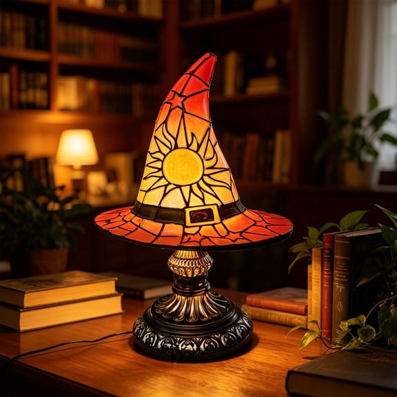Stained Glass Witch Hat Table Lamp, Splicing Resin Desk Lamp, USB Powered with Pull Chain, Rust Red-Brown Sun Star Pattern Accent Light for Bedroom Nightstand Decor, 18cm Compact Size