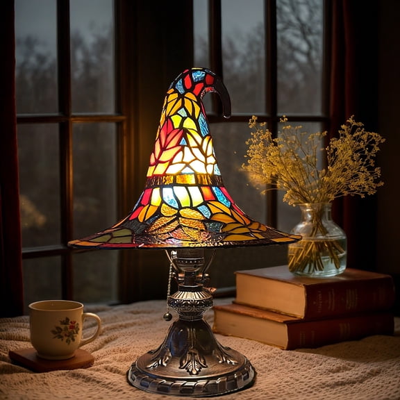Stained Glass Witch Hat Table Lamp Tiffany Style Halloween Night Light Gothic Witch Hat Lamp for Indoor Bedroom Party Decor(Colorful-18cm)