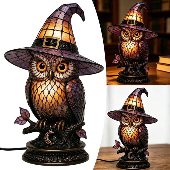 Stained Glass Witch Owl Table Lamp, 9.84x4.72 Inch Vintage Acrylic Base Owl Night Light, Gothic Halloween Owl Desk Lamp for Bedroom Study Office Spooky Home Decor Gift