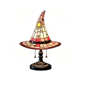 Stained Glass Witch hat lamp, 7" Halloween Gothic Mystic Room Decor Handcrafted Ceramic Phantom Figurine, USB Rechargeable LED Glowing Lantern for Bedroom Living Room Mantel Home Decor