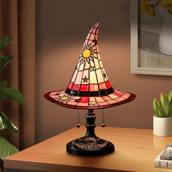 Stained Glass Witch hat lamp, 8in Gothic Mystic Room Decor Handcrafted Ceramic Phantom Figurine, USB Rechargeable LED Glowing Lantern for Haunted, Tabletop Night Light Gift