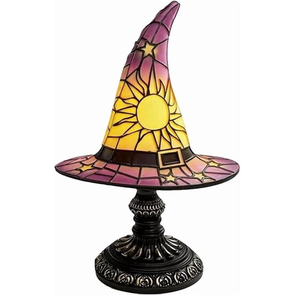 Stained Glass Witch hat lamp, Gothic Mystic Room Decor Handcrafted Ceramic Phantom Figurine, USB Rechargeable LED Glowing Lantern for Haunted, Tabletop Night Light Gift (Multicolored, Large)
