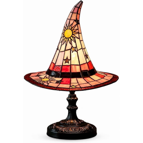 Stained Glass Witch hat lamp, Gothic Mystic Room Decor Handcrafted Ceramic Phantom Figurine, USB Rechargeable LED Glowing Lantern for Haunted, Tabletop Night Light Gift (red, Large)