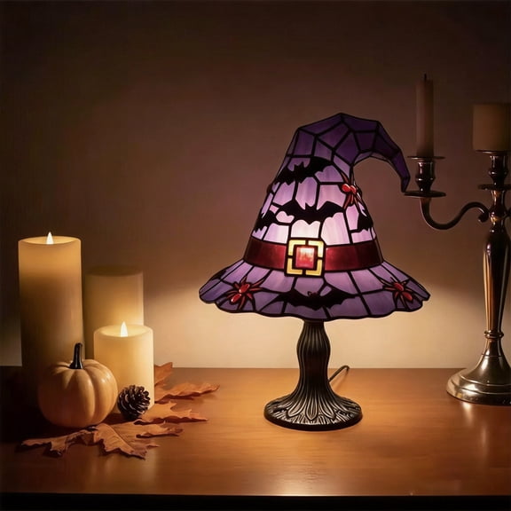 Stained Glass Witch hat lamp, Gothic Mystic Room Decor Handcrafted Ceramic Phantom Figurine, USB Rechargeable LED Glowing Lantern for Haunted, Tabletop Night Light Gift