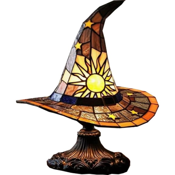 Stained Glass Witch hat lamp, Gothic Mystic Room Decor Handcrafted Ceramic Phantom Figurine, USB Rechargeable LED Glowing Lantern for Haunted, Tabletop Night Light Gift (Multicolored, Large)