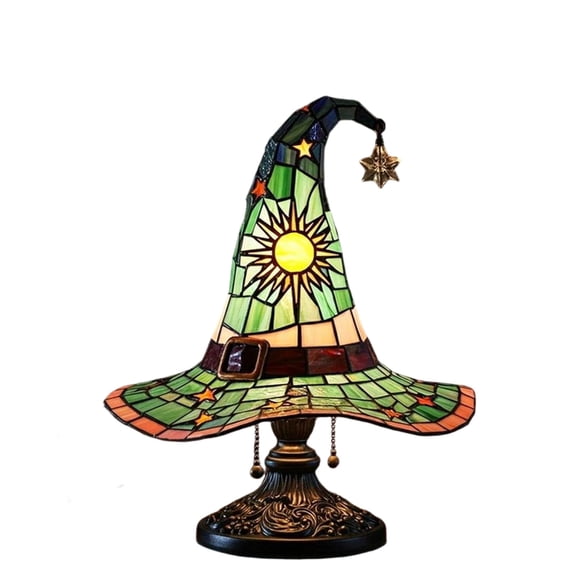 Stained Glass Witch hat lamp, Gothic Mystic Room Decor Handcrafted Ceramic Phantom Figurine, USB Rechargeable LED Glowing Lantern for Haunted, Tabletop Night Light Gift (red, Large)