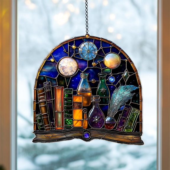 Stained Glass Witchy Bookshelf Suncatcher, Celestial Potion Bottles & Magic Decor