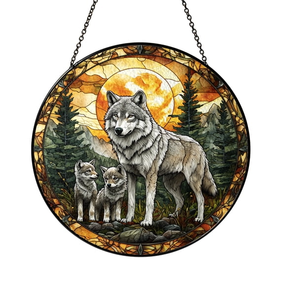 Stained Glass Wolf Family Window Hanging, Forest Inspired Nature Scene, Rustic Home Accent, Unique Father’s Day Gift for Wildlife