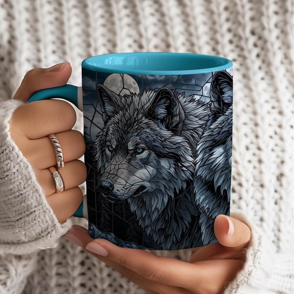 Stained Glass Wolf Mug, Dark Animal Art Coffee Cup
