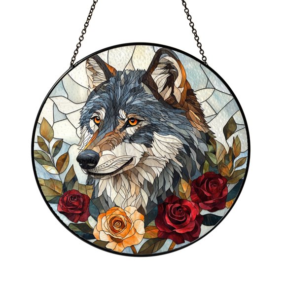 Stained Glass Wolf Panel, Window Hanging Ornament with Red Roses, Vibrant Animal Home Accent, Perfect Gift for Nature Enthusiasts
