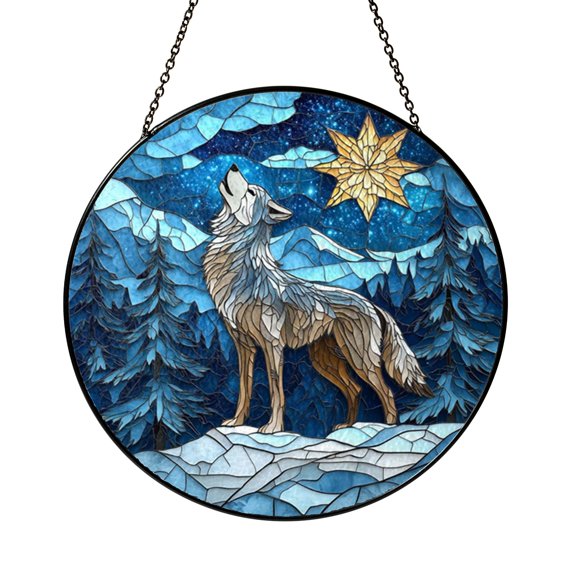 Stained Glass Wolf Winter Scene Window Hanging Art2401