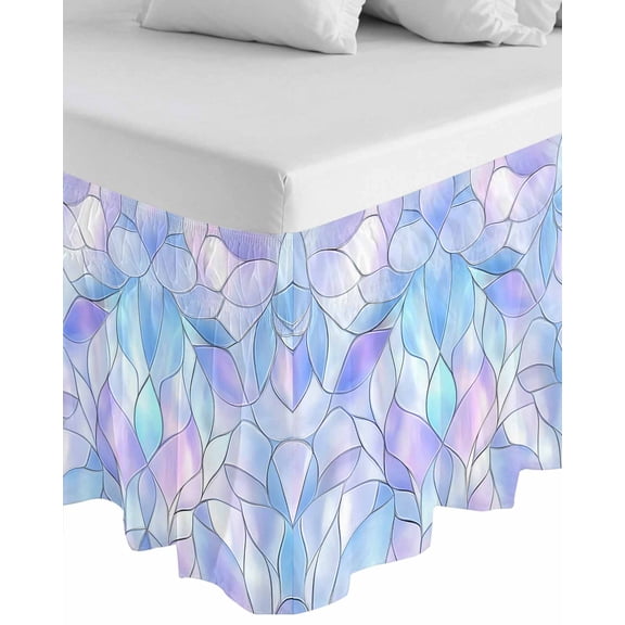 Stained Glass Wrap Around Bed Skirts for Queen Bed 16" Drop, Bed Skirt with Adjustable Elastic Belt Dust Ruffle Bed Valance for Bedroom Hotel Luxury Blue Purple Floral Geometric Bed Frame Cover
