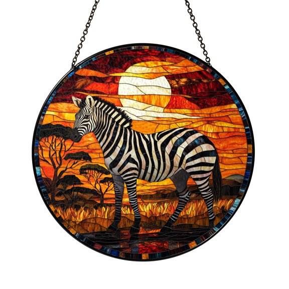 Stained Glass Zebra Window Panel, Colorful Sunset Wildlife Scene, Unique African Art Decor for Home