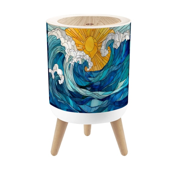 Stained Glassed Style Small Trash Can with Lid Stained Glass Ocean Waves Sunburst Blue Yellow 1.8 Gallon Dog Proof Trash Can Round Garbage Can Waste Bin Wastebasket for Bathroom Bedroom Living Room