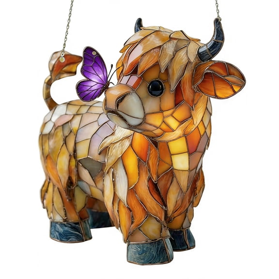 Stained Highland Cow and Butterfly Acrylic Suncatcher, 2d Flat Spring Window Pendant, 7.9 Inches Wide, Garden & Gift for Cow Lovers
