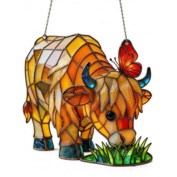 Stained Highland Cow and Butterfly Acrylic Suncatcher, 2d Flat Spring Window Pendant, 7.9 Inches Wide, Garden & Gift for Cow Lovers