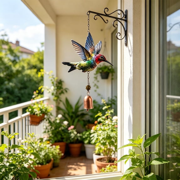 Stained Hummingbird Metal Wind Chime Suncatcher Hanging Ornament Weatherproof Iron Bell Decor for Garden Patio Balcony Window Housewarming Mother’s Day Gift 1 Pack