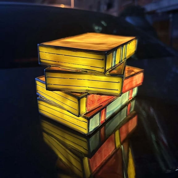 Stained Resin Stacked Books Lamp, Vintage Book Shaped Table Lamp for Bedside & Desk - Colorful Decorative Reading Light with E12 Bulb Base for Home Office, Library, Bookshelf Decor