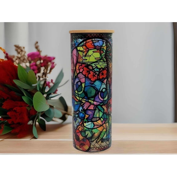 Stained Stich Can Glass | Boho Colorful Coffee Glass | Stitch Stained Glass