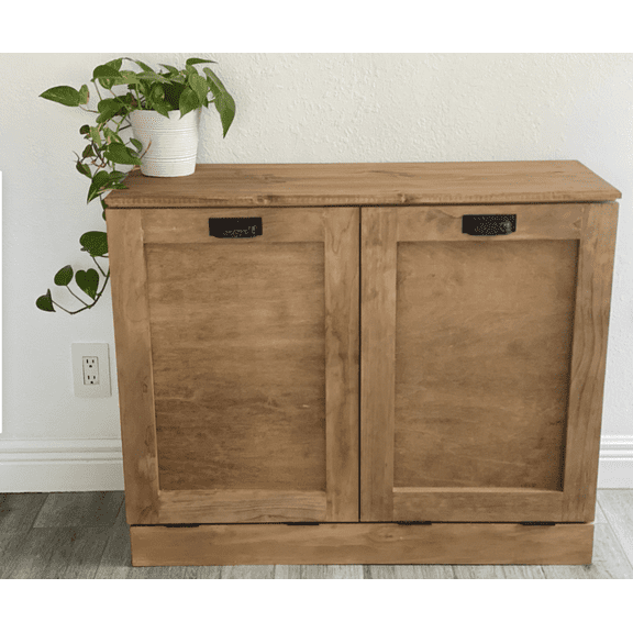 Stained Trash Bin Cabinet, Trash Can Cabinet, Trash Recycle Bin, Laundry Hamper