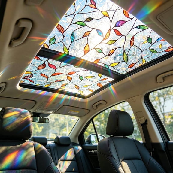 Stained Vintage Sunroof Decal for Car, 18x48 Flower Sunroof Decal Film Floral Rainbow Effect Static Clings Stained Glass Window Privacy Film, Sun Protection for Car Moonroof Home Glass Door Decor