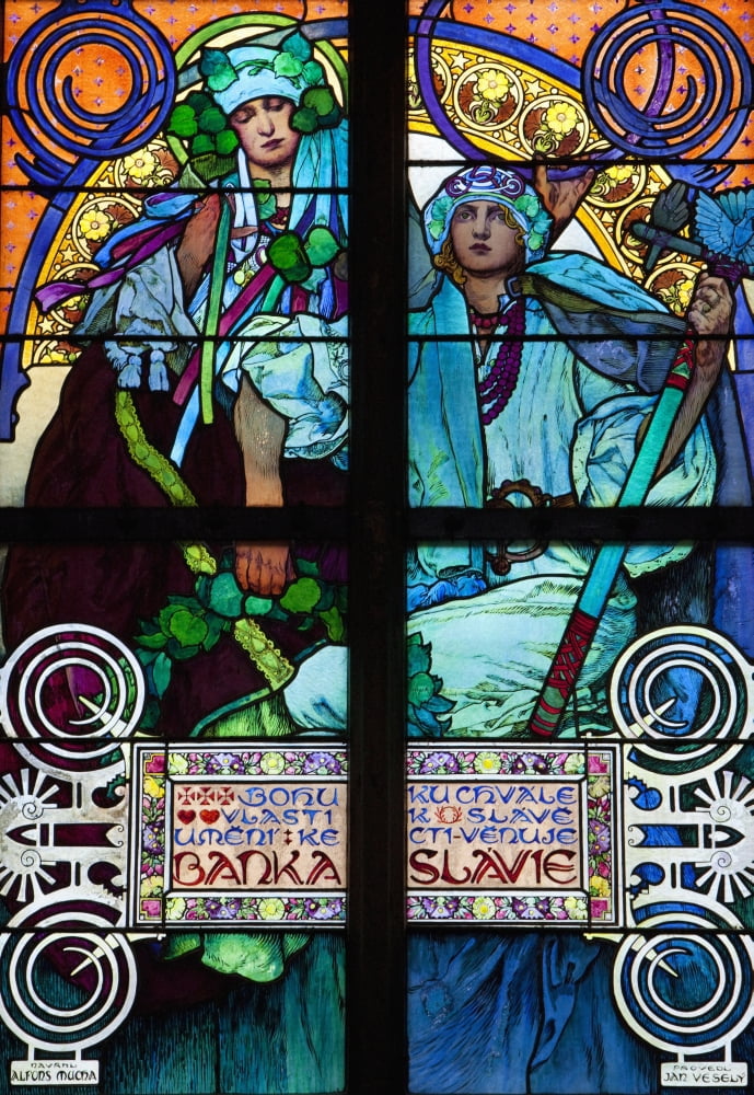 Stained galss window in St Vitus Cathedral designed by Alfons Mucha Prague Czech Republic Europe Canvas Art - Mark Thomas Design Pics (12 x 18)