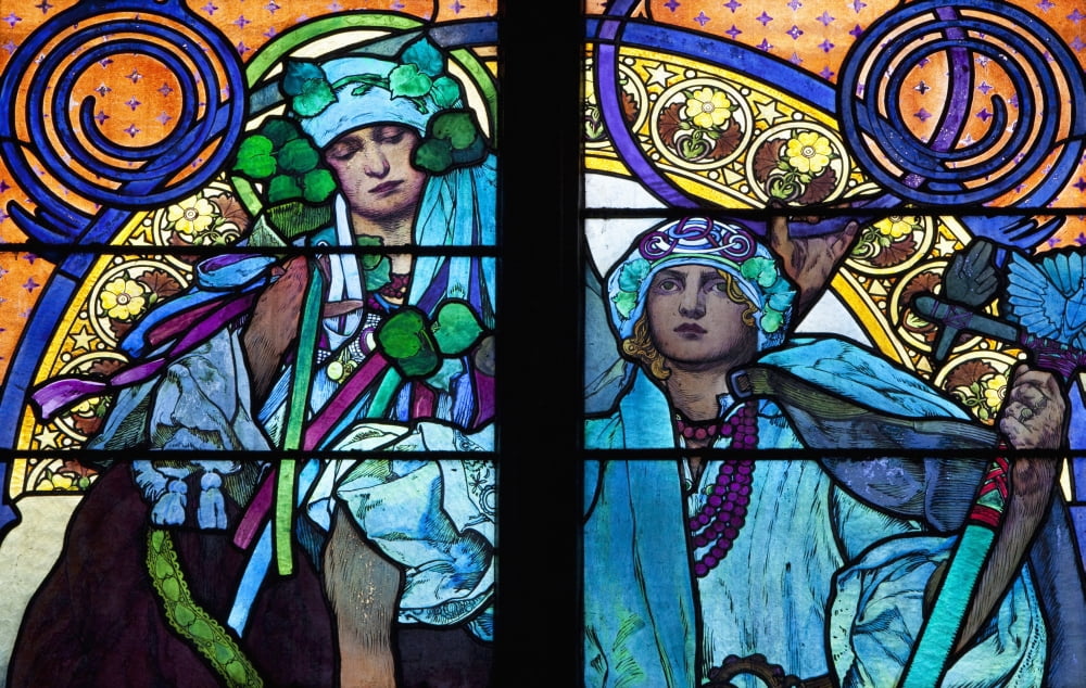 Stained galss window in St Vitus Cathedral designed by Alfons Mucha Prague Czech Republic Europe Canvas Art - Mark Thomas Design Pics (38 x 24)