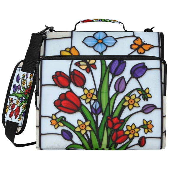Stained-glass Blooms Printed Zipper Binder with Handle&Shoulder Strap 2 inch 3 Ring 500+300 Sheet Capacity File Folder Organizer
