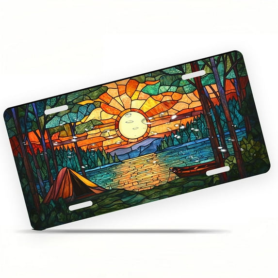 Stained glass Camping Scene Front License Plate, Metal License Plate, Funny Standard Plates Personalized Novelty Decorative For Men/Women/Boys/Girls Car 6×12 Inch
