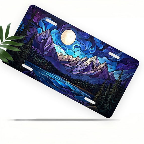Stained glass Moonlit Mountains Front License Plate, Metal License Plate, Funny Standard Plates Personalized Novelty Decorative For Men/Women/Boys/Girls Car 6×12 Inch