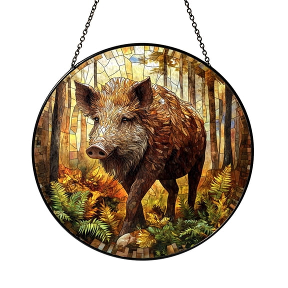 Stained glass boar panel, woodland inspired window art for rustic and outdoor themed interiors