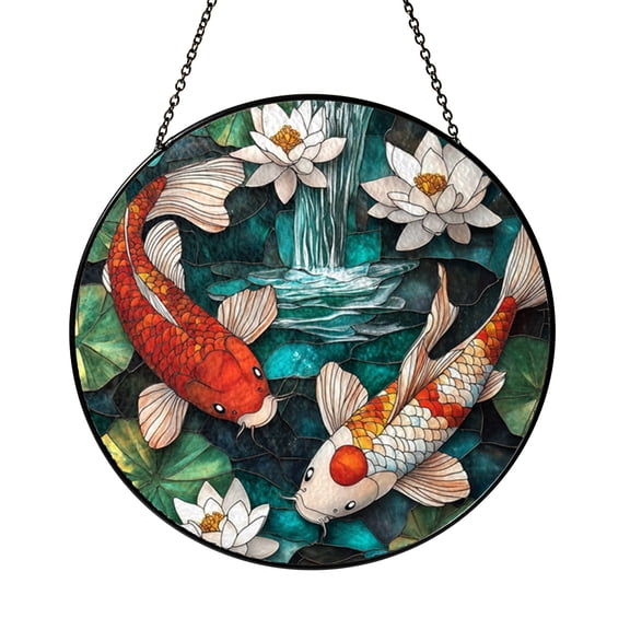 Stained glass koi panel, calming aquatic themed ornament for nature and garden lovers