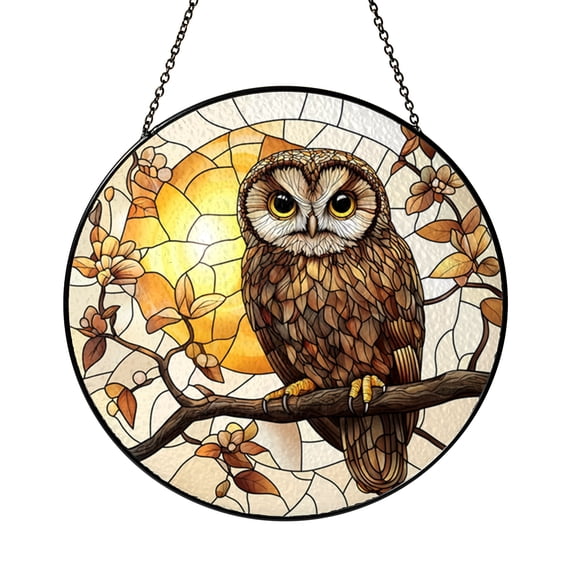 Stained glass owl window hanging, charming woodland bird art piece ideal for home decor and gifts for owl lovers